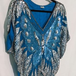 Vintage Blue Sequin/beaded Silk Butterfly Top / Blouse